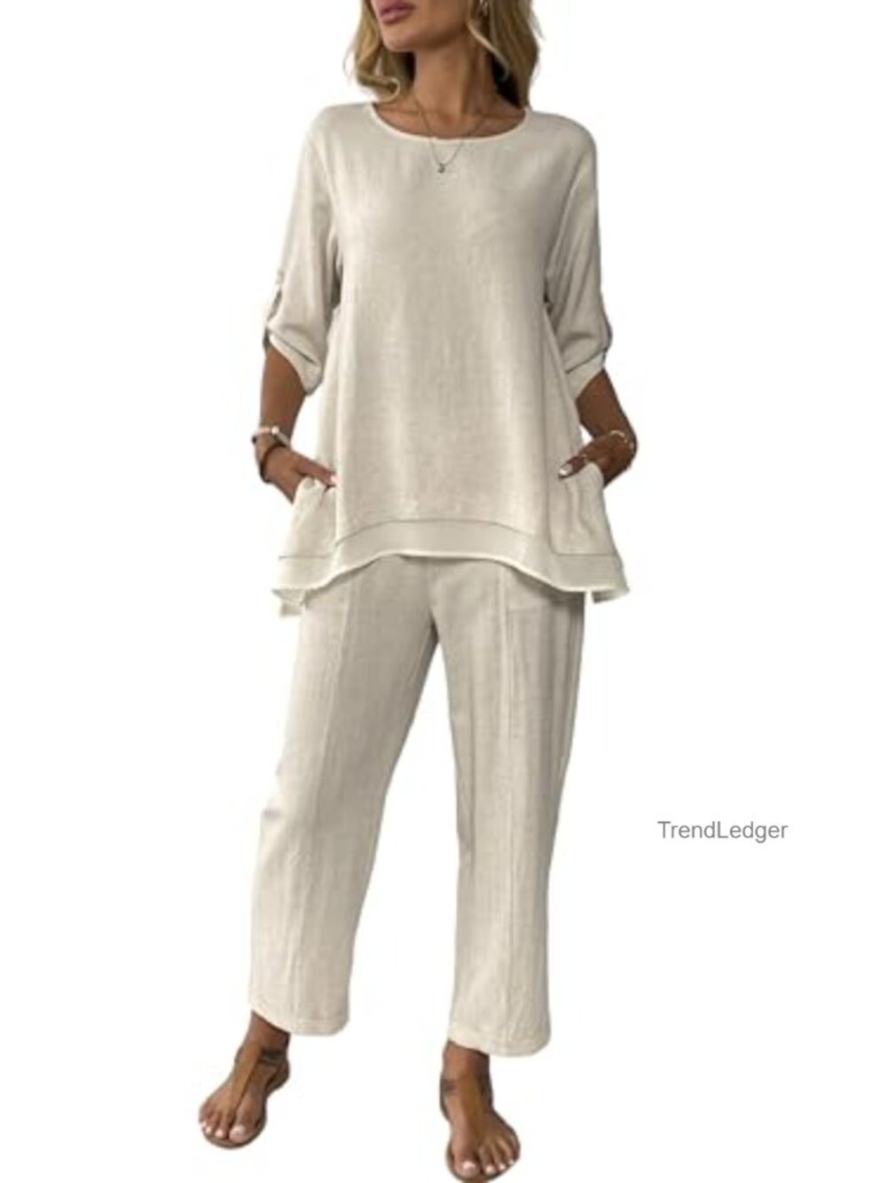 Linen 2 Piece Outfits Rolled Sleeve Top Wide Leg Pants Set Summer Casual Dressy